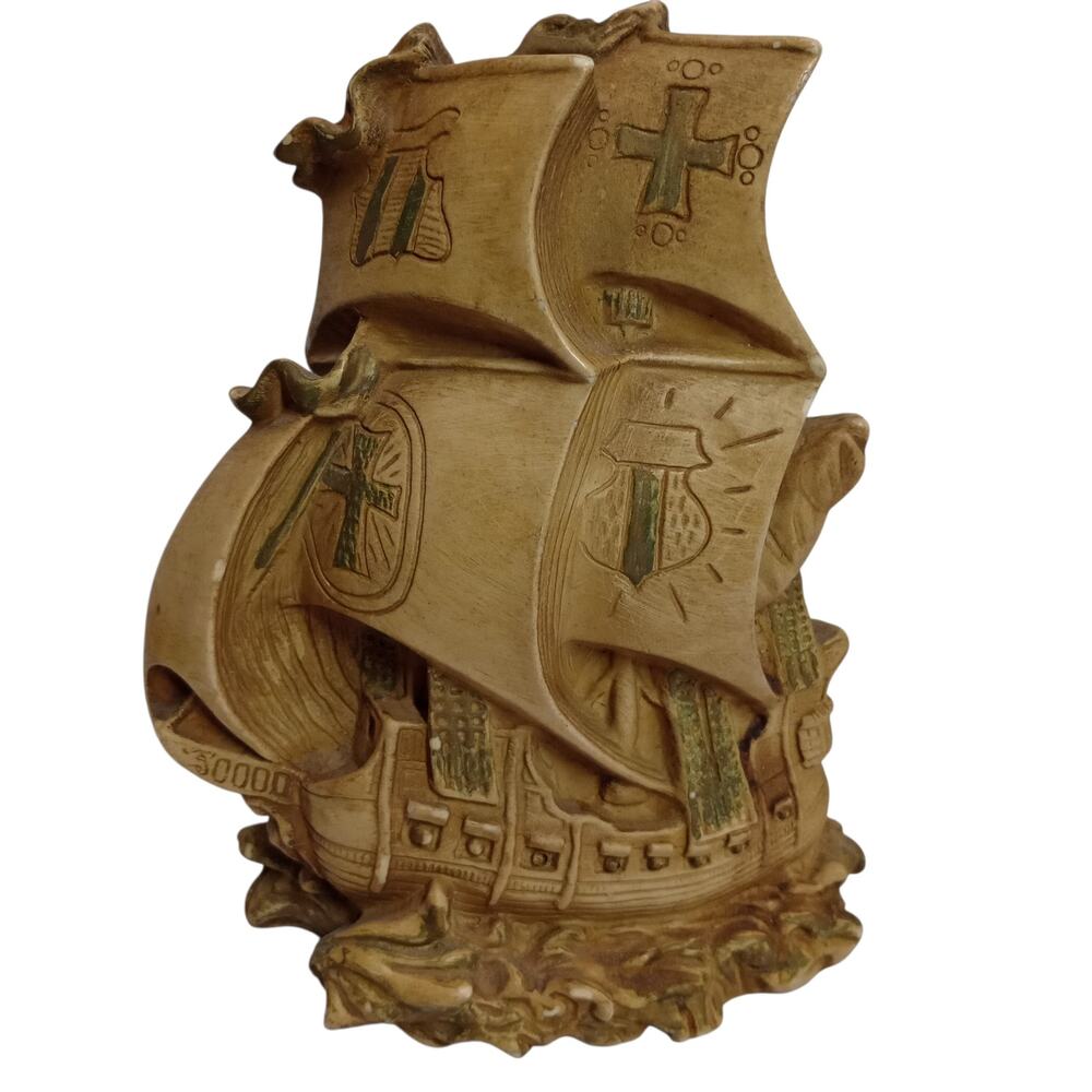 Vintage 1964 Universal Statuary Corp Galleon Ship Bookend Nautical Brown